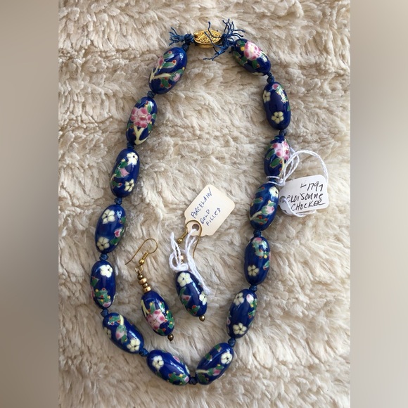 Porcelain and Gold Cloisonné Choker Necklace & Earrings Set - Picture 1 of 11